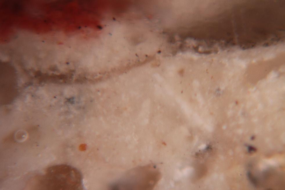 ugrowa warstwa zaprawa piaskowo-wapienna; f powyżej: zdjęcie miejsca pobrania; belka (x), zaprawa piaskowo-wapienna (), zaprawa piaskowo-wapienna wyrównująca (), pobiała wapienna z nawarstwieniami