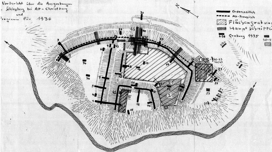 Daniel Gazda Ryc. 3. Obiekt warowny na Górze Zamkowej w St. Dzierzgoniu, odręczny plan wykopów, rys. H. Schleif, Kartoteka Schleifa Fig.