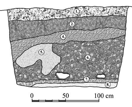 brązowożółtawa glina, 8 jasnożółty piasek (calec) Fig. 58. The fortified building at Góra Zamkowa in St. Dzierzgoń, western profile, trench 10A, drawing D. Gazda, W.