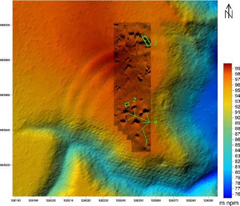 Stronghold, distribution of trenches Legend: 1 trench 1, 2 trench 2, a anomalies that can be a cult object Ryc. 64.