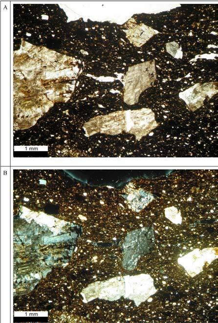 Microscope picture of sample 1 (33/10) observed at one polarizer (A) and two crossed polarizers (B).