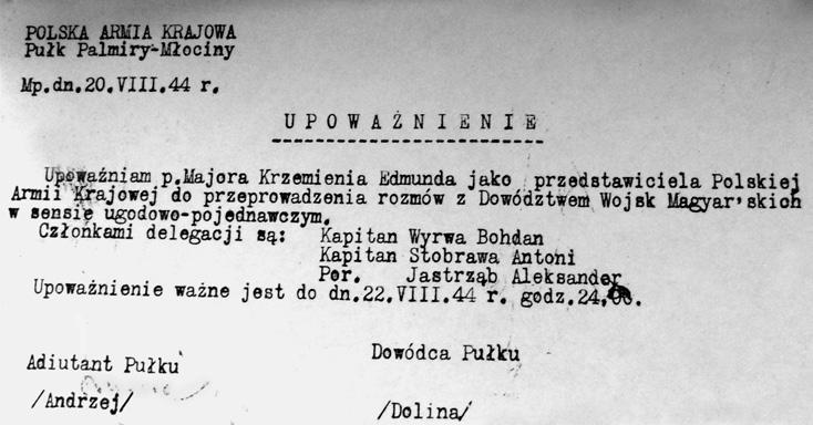 Upoważnienie dowódcy pułku Palmiry-Młociny Adolfa Pilcha Doliny dla delegacji polskiej mającej prowadzić