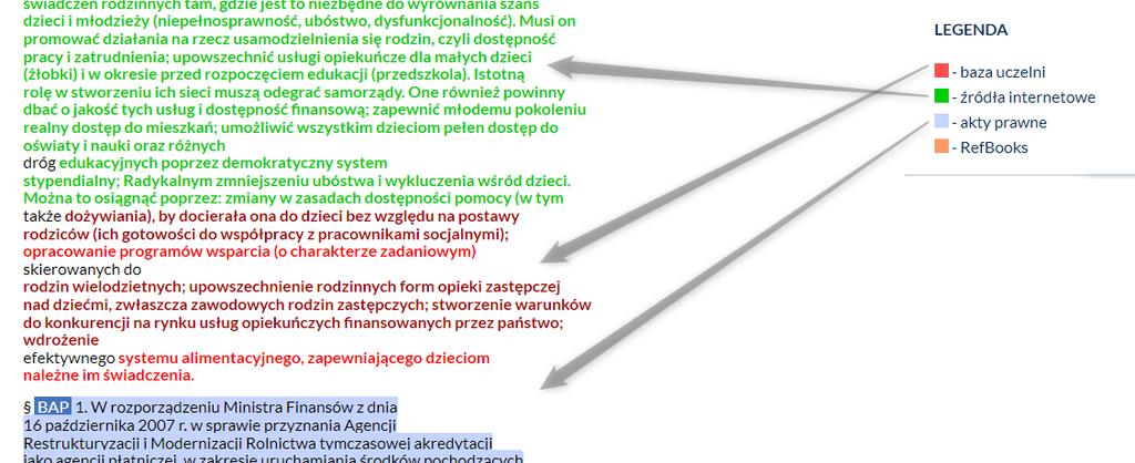 Dwa odcienie zielonego i czerwonego służą do rozróżnienia następujących bezpośrednio po sobie fragmentów odnalezionych w różnych źródłach bądź w tym samym źródle, ale w