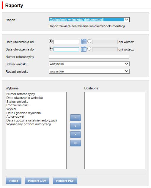 Korzystając z menu Raporty, Użytkownik może stworzyć zestawienie wniosków/dokumentacji zgodnie ze zdefiniowanymi kryteriami. W prosty sposób można wybrać takie kryteria jak m.in.: Data utworzenia od / do, Status wniosku, Rodzaj wniosku.