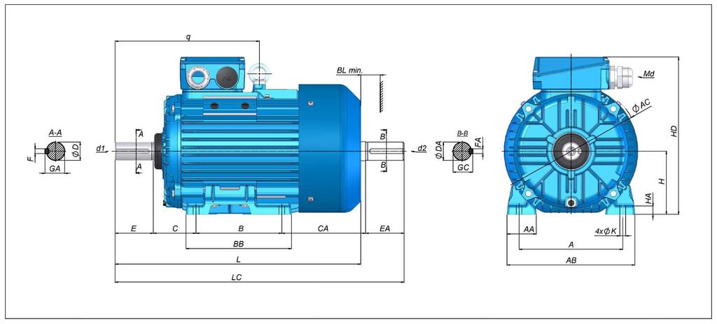 Wymiary montażowe silników na łapach Mounting dimensions for foot-mounted motors Typ A B C D,DA E,EA F,FA GA,GC H K Type [mm] 3SIE90S... 140 100 56 24j6 50 8h9 27,0 90 10 3SIE90L.
