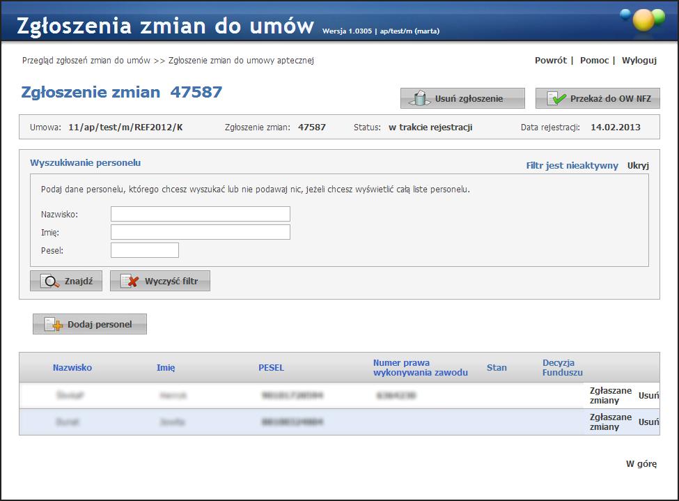 48 Portal Aneksowanie W oknie znajdują się pola filtrujące pozwalające na wyszukiwanie personelu, przycisk pozwalający na dodawanie personelu do umowy oraz lista personelu aktualnie związanego z