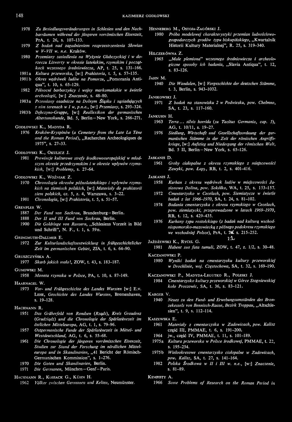 1980 Przemiany zasiedlenia na Wyżynie Głubczyckiej i w dorzeczu Liswarty w okresie lateńskim, rzymskim i początkach wczesnego średniowiecza, AP, t. 25, s. 131-166.