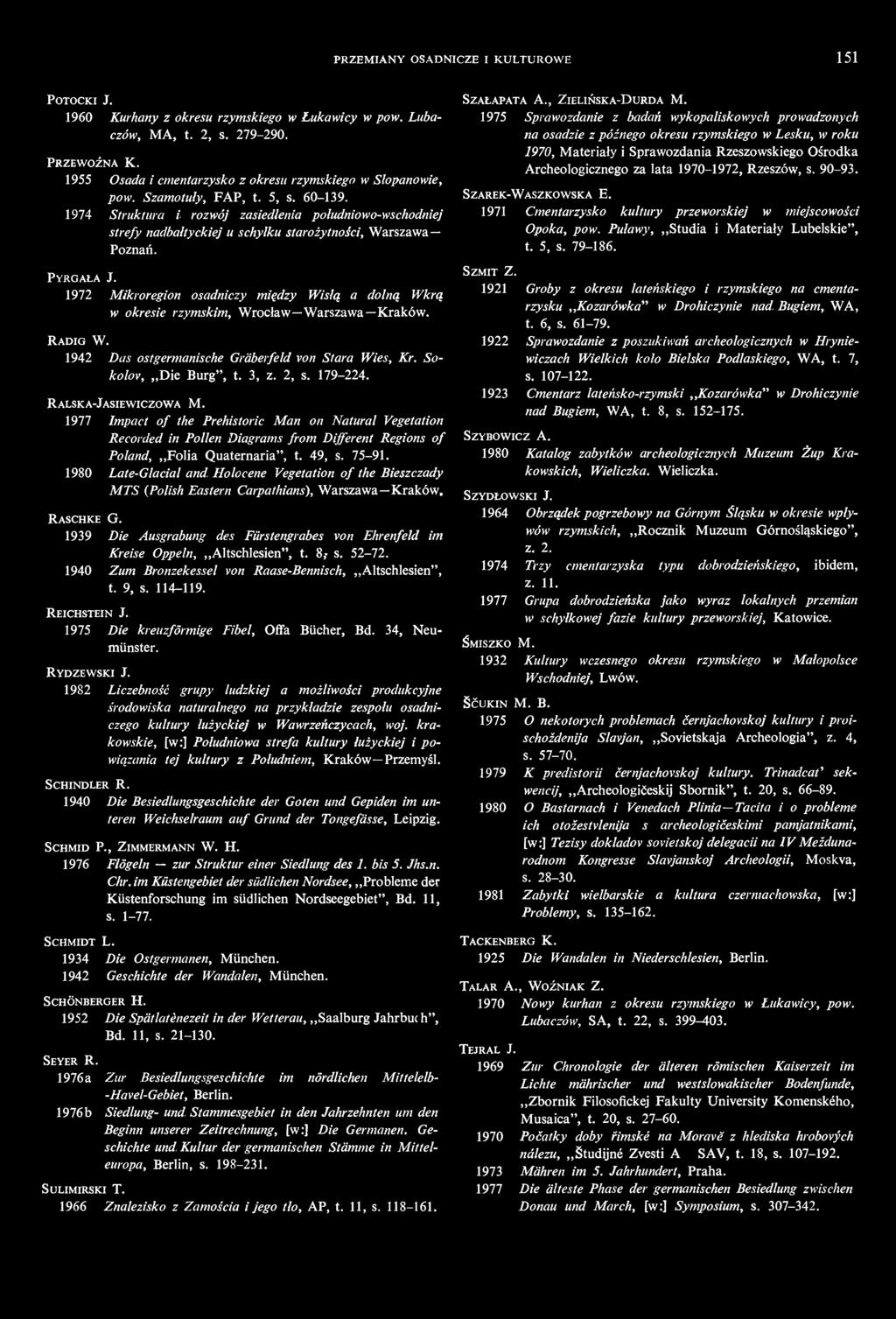 PRZEMIANY OSADNICZE I KULTUROWE 151 POTOCKI J. 1960 Kurhany z okresu rzymskiego w Łukowicy w pow. Lubaczów, MA, t. 2, s. 279-290. PRZEWOŹNA K.