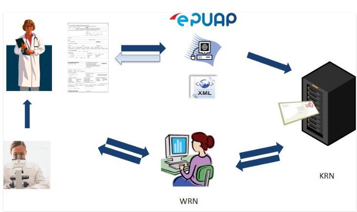 o o o o wprowadzanie danych przez pracownika Wojewódzkiego Biura Rejestracji Nowotworów, na podstawie papierowej KZNZ wprowadzanie danych przez lekarza w aplikacji WWW, przekazywanie danych za pomocą