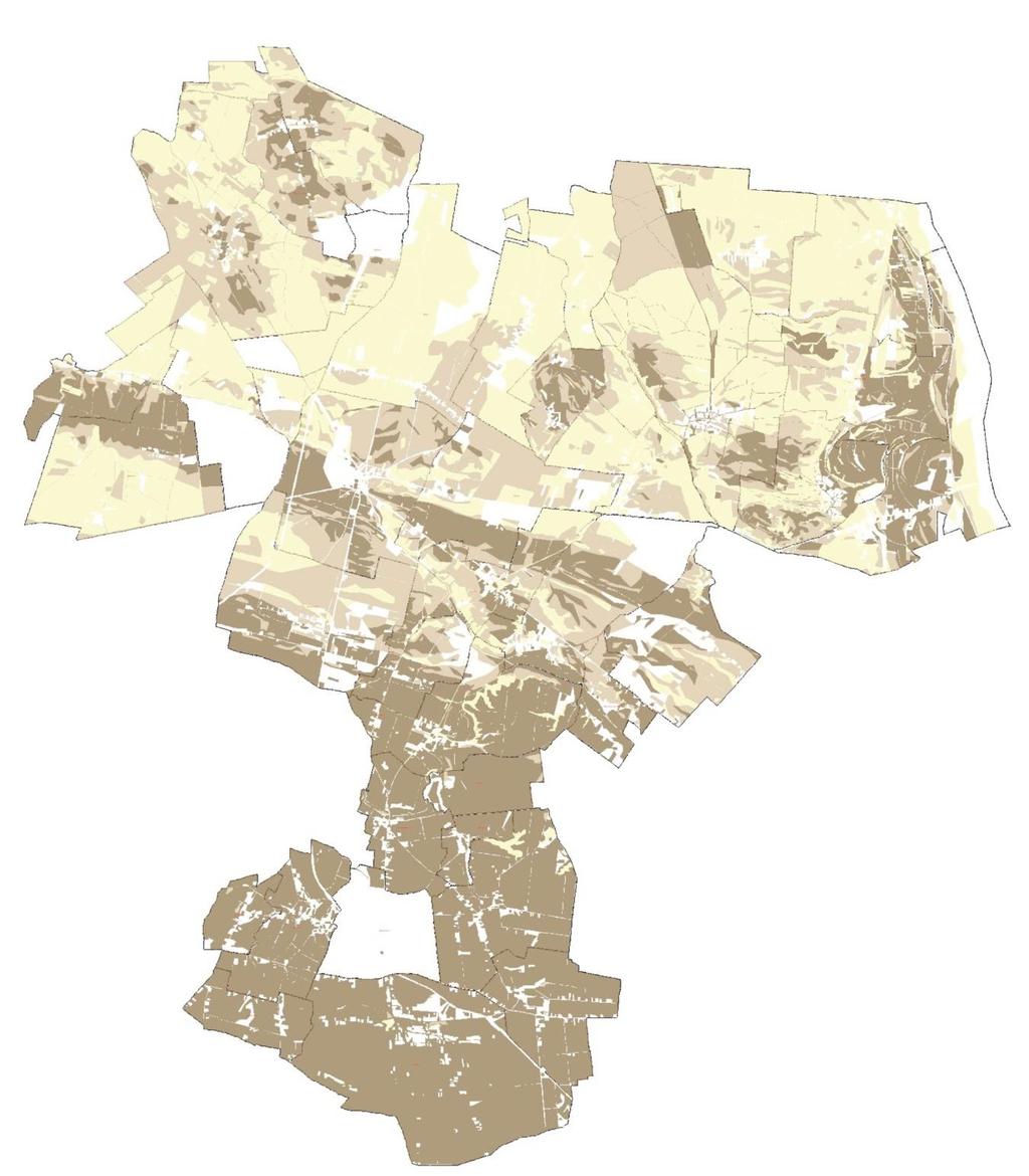 Rysunek 11. Rozmieszczenie klas gleb w gminie Ożarów (schemat nieskalowany) LEGENDA: ciemno brązowe gleby klas I-III podlegające ochronie, jasno brązowe klasa IV, kremowe klasy V-VI 2.1.7.