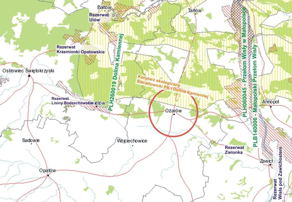 Rysunek 12. Miasto i gmina Ożarów na tle sąsiadujących obszarów chronionych Źródło: Opracowanie własne na bazie mapy http://natura2.gdos.gov.