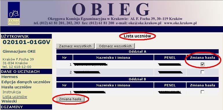 3) Aby wygenerować hasła dla wszystkich uczniów klikamy na przycisk Zaznacz wszystkich, a następnie Zmiana hasła, który znajduje się na końcu listy.