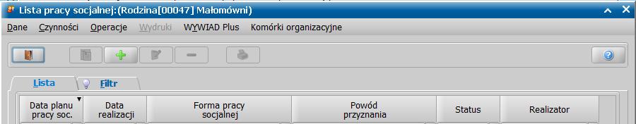 Aby zobaczyć to menu, należy posiadać uprawnienie o nazwie: wczytanie pracy socjalnej zarejestrowanej w WYWIAD Plus, w grupie uprawnień do czynności ogólnych.