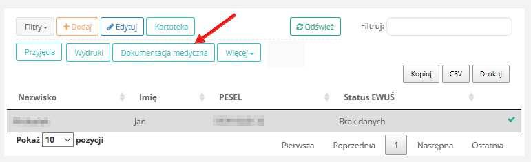 21. Dokumentacja medyczna pacjenta Na widoku Listy pacjentów po wybraniu żądanego pacjenta (rozdz. Lista pacjentów wyszukiwanie, filtry) jest możliwość wygenerowania dokumentacji medycznej.