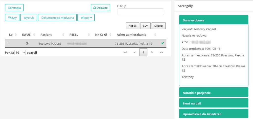 Rys. 6 4. Lista pacjentów wyszukiwanie, filtry Istnieje możliwość szybkiego wyszukania pacjenta zaraz po zalogowaniu się do systemu. Należy wpisać nazwisko lub Pesel pacjenta w polu Szukaj pacjenta.