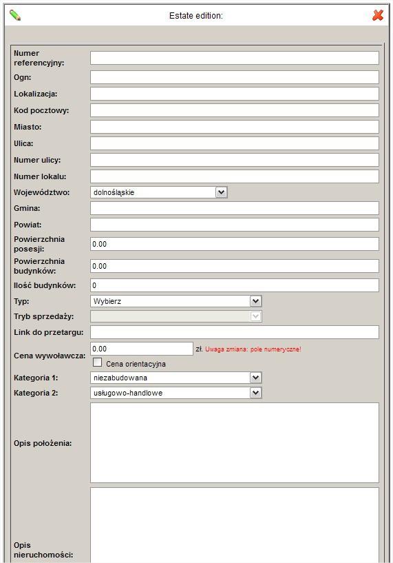 Celem dodania nowej nieruchomości należy uzupełnić następujące pola: Numer referencyjny -
