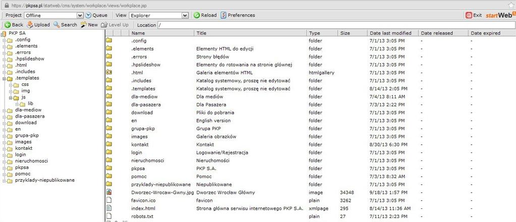 Widok Explorera służy do zarządzania,dodawania i edycji plików umieszczonych w serwisie informacyjnym www.pkpsa.