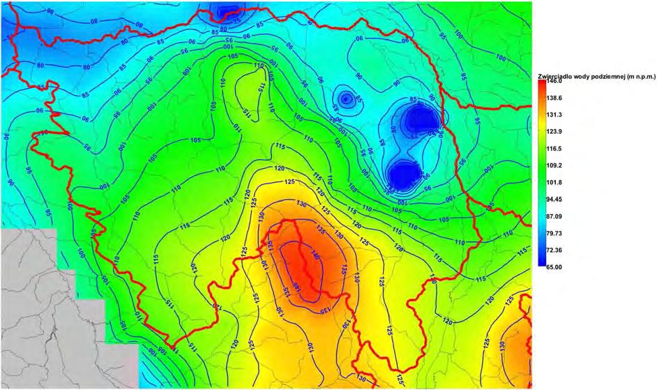 ROZPOZNAWANIE, BILANSOWANIE I OCHRONA WÓD PODZIEMNYCH 118 Ryc. 24.2. Obliczone zwierciadło wód podziemnych w III warstwie modelu numerycznego JCWPd nr 71. Widoczne leje depresji odwodnień górniczych.