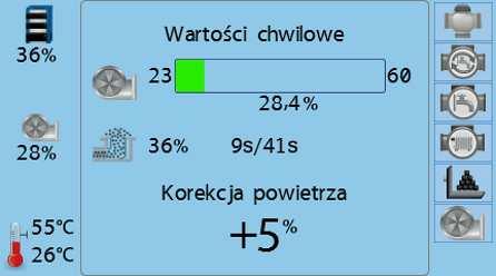 i wcisnąć pokrętło. Ukaże się nowy ekran z informacjami o aktualnych wartościach mocy dmuchawy, mocy kotła, czasów podawania i przerwy.