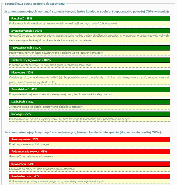 Szczegółowa ocena dopasowania Platforma WAY2SELECT oprócz ogólnego poziomu dopasowania umożliwia także szczegółową ocenę poziomu dopasowania potencjału