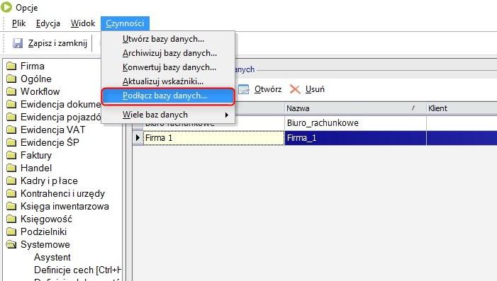 W tym celu w menu u góry wybieramy Czynności\Podłącz bazy