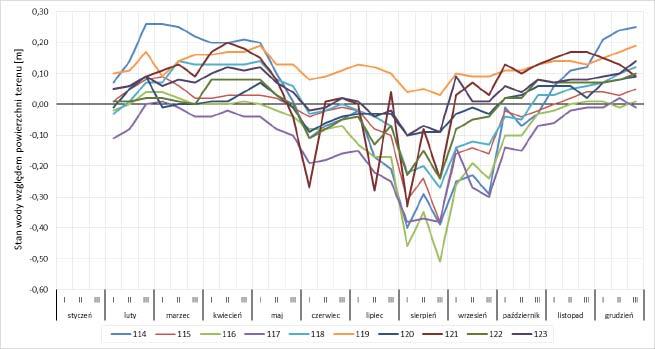 Ryc. 16. Stany wód gruntowych w piezometrach w ciągu pomiarowym Gugny II. Poziom wód w analizowanych piezometrach wahał się od 0,37 m p.p.t. (piezometr 165) do 0,10 m p.p.t. (piezometr 163).