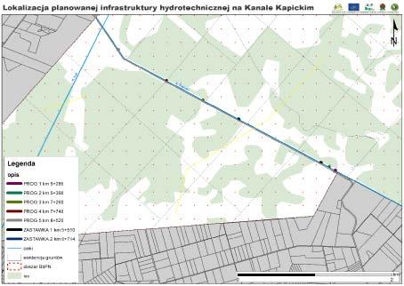 Ryc. 3. Lokalizacja planowanych do wybudowania obiektów małej retencji na Kanale Kapickim. bowa 3, 07 415 Olszewo Borki.