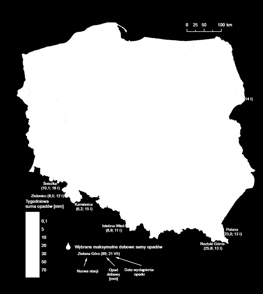 3. Rozkład tygodniowej sumy opadów oraz wybrane maksymalne