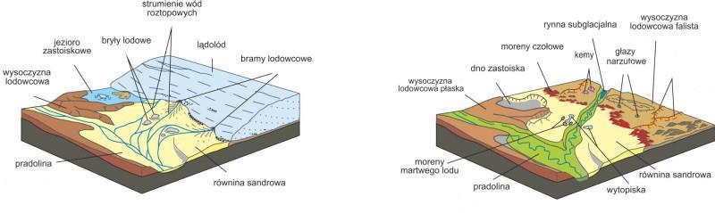 Tworzenie się rzeźby młodoglacjalnej geoportal.pgi.gov.pl Pierwszy rysunek to okres, kiedy lądolód się wycofywał (topił się). Regresja lądolodu odkrywała ponownie powierzchnię gruntu.
