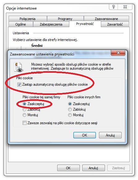 W przypadku komunikatu Musisz włączyć obsługę COOKIES, obsługę plików cookies w przeglądarce internetowej ustawiamy zgodnie z poniższą instrukcją: 1. Uruchomić przeglądarkę Internet Explorer. 2.