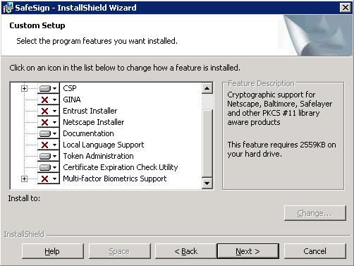 należy odznaczyć następujące komponenty: GINA; Entrust Installer; Netscape