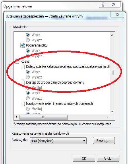 10. W nowym oknie w sekcji Ustawienia Różne Dołącz ścieżkę katalogu lokalnego podczas przekazywania