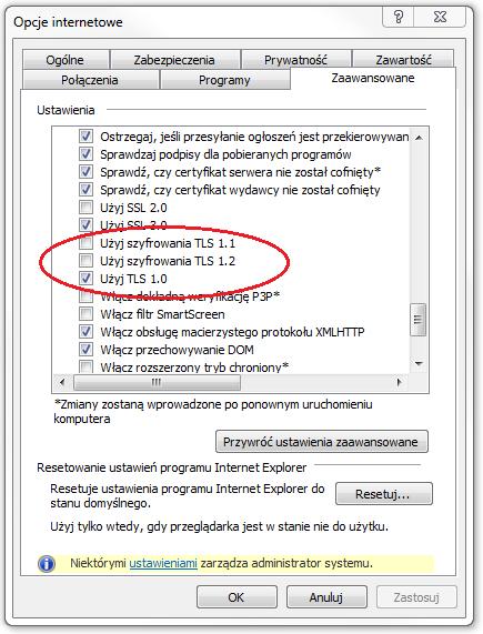 Obsługę protokołu TLS przez przeglądarkę internetową ustawiamy zgodnie z poniższą instrukcją: 1. Uruchomić przeglądarkę Internet Explorer. 2. Z menu wybrać opcję Narzędzia Opcje internetowe. 3.