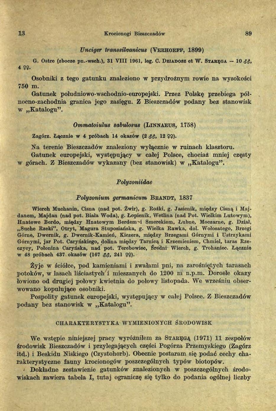 13 Krocionogi Bieszczadów 89 4??. Unciger transsilvanicus (V e r h o e f f, 1899) G. Ostre (zbocze pn.-wsch.). 31 VIII 1961, leg. C. D z ia d o s z et W.