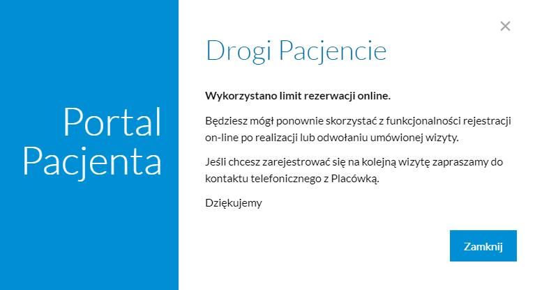 4.4 Wykorzystanie limitu rezerwacji online W przypadku rejestracji na konsultację powyżej przydzielonego limitu rezerwacji online wyświetli się komunikat o