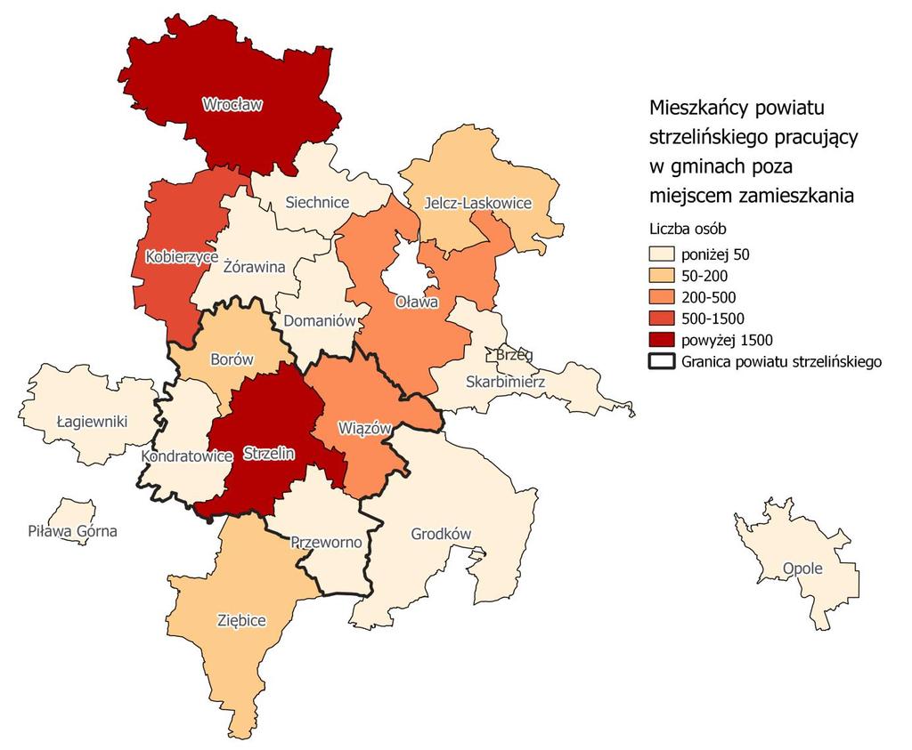 Dziennik Urzędowy Województwa Dolnośląskiego 56 Poz. 1358 Mapa 17. Dojazdy do pracy mieszkańców powiatu strzelińskiego Źródło: opracowanie własne na podstawie dokumentu "Dojazdy do pracy.