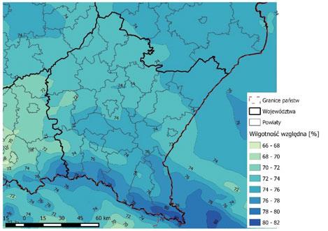 Ryc. 6.4.1. Rozkład średniej rocznej wartości wilgotności względnej powietrza [%] wyznaczonej przez model WRF/CALMET w województwie podkarpackim w 215 r. (źródło: [9]) Tabela 6.4.1. Średnie miesięczne wartości wilgotności względnej powietrza [%] wyznaczone przez model WRF/CALMET na wybranych stanowiskach w województwie podkarpackim w 215 r.