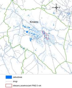 Jarosław Krosno Ryc. 7.2.2.12. Obszary przekroczeń w zakresie stężenia dobowego pyłu PM2.