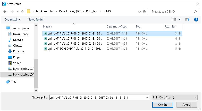 Istnieje możliwość dodania na listę nowych plików JPK (wygenerowanych z poziomu innych baz Comarch ERP Optima lub w programach innych producentów) służy do tego ikona Wskaż plik JPK z dysku, aby