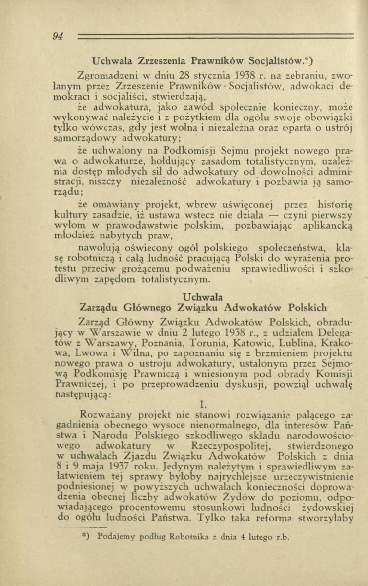 Uchw ala Zrzeszenia Prawników Socjalistów.*) Z grom adzeni w dniu 28 stycznia 1938 r.