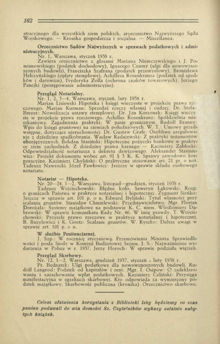 stracyjncgo dla w szystkich ziem polskich, arzecznictw o N ajw yższego Sądu W ojskow ego. K ronika gospodarcza i socjalna. M isccllanea.