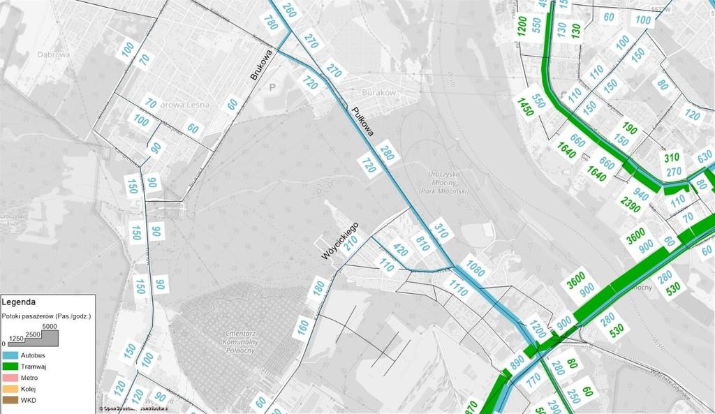 WYNIKI PROGNOZ Liczba pasażerów/godzinę/kierunek Rok 2020 po wyznaczeniu pasa autobusowego prognozowany wzrost liczby