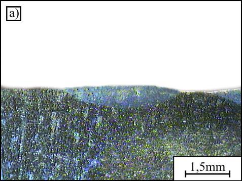 342 Rys. 2. Makrostruktury warstwy wierzchniej odlewu ze stopu kobaltu. Parametry nadtapiania: I = 150A, V p = 800mm/min a), I = 150A, V p = 400mm/min b), I = 150A, V p = 200mm/min c) Fig. 2. Macrostructures of molten layer cobalt casting alloy.