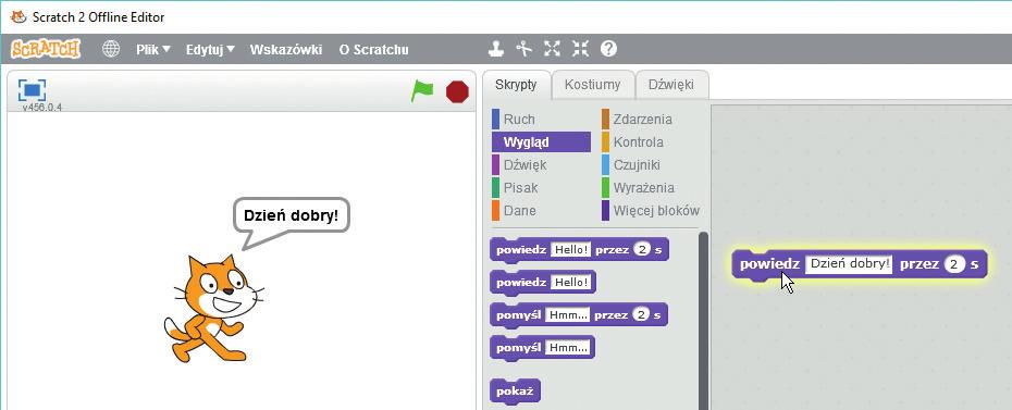 1.5. Wprowadzenie do programowania w języku Python Ćwiczenie 1. Wyświetlamy na ekranie napis za pomocą języka Scratch 1. Uruchom program Scratch. 2.