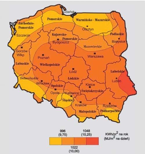Rysunek 5. Mapa napromieniowania słonecznego w Polsce 54 Roczna gęstość promieniowania słonecznego w Polsce na płaszczyznę poziomą waha się w granicach 950 1 081 kwh/m 2.