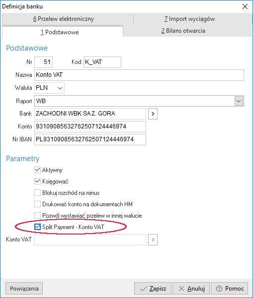 4. Definicje banków Na definicji banku dodano parametry umożliwiające zdefiniowanie konta VAT oraz podpięcie konta VAT do konta rozliczeniowego.