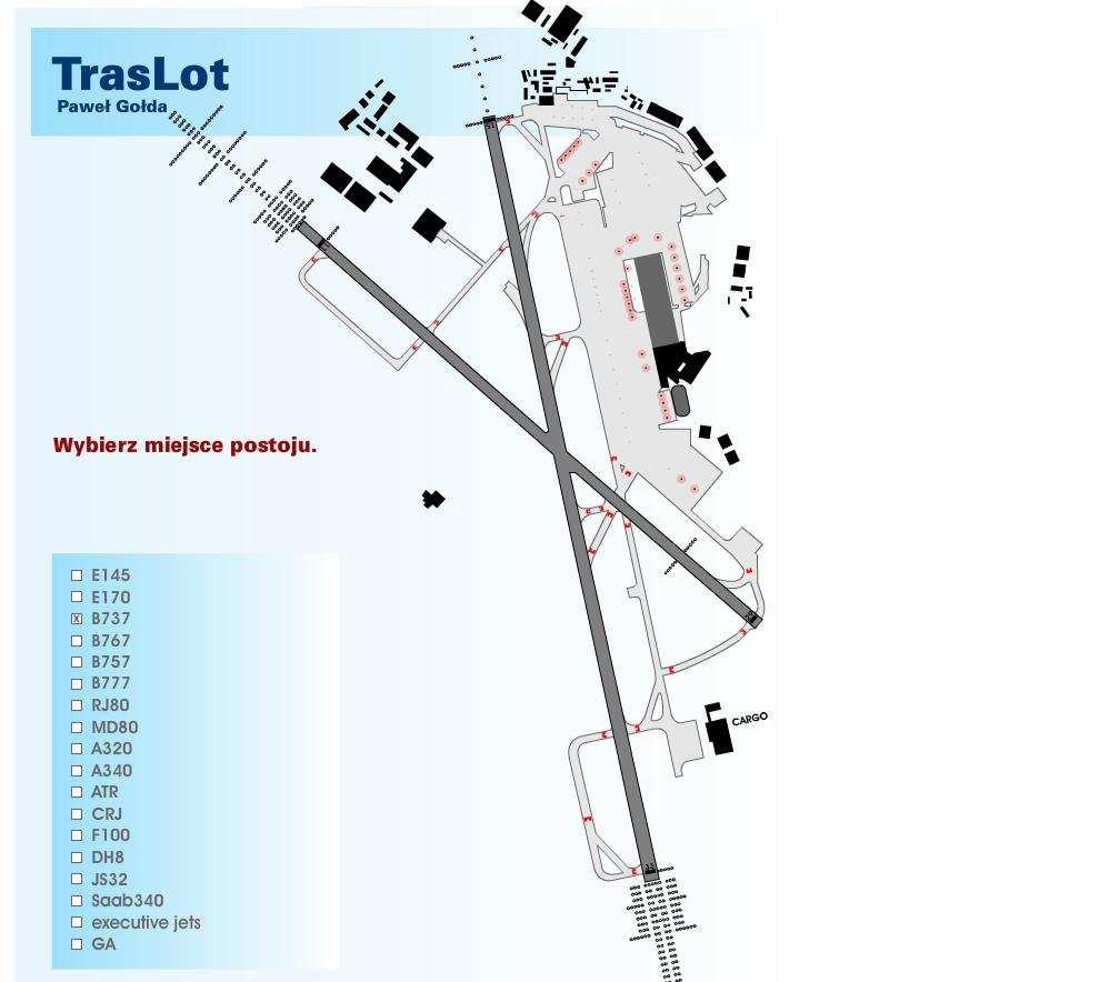 Dane które należy wprowadzić dotyczą typu statku powietrznego, kierunku startu lub lądowania statku powietrznego oraz wyboru jego miejsca postoju.