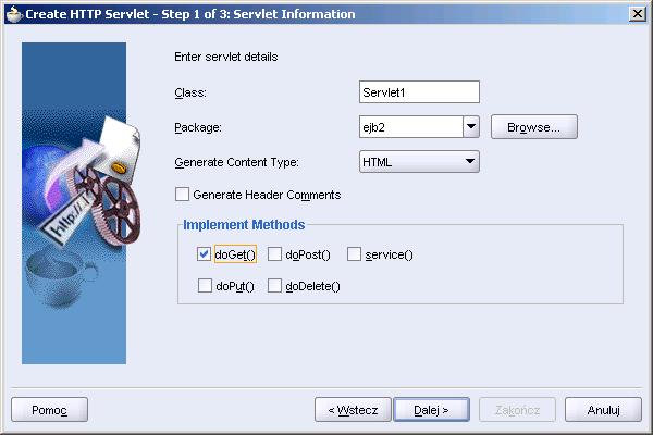 Należy określić nazwę i typ dla tworzonego serwletu (można pozostawić proponowaną przez system).