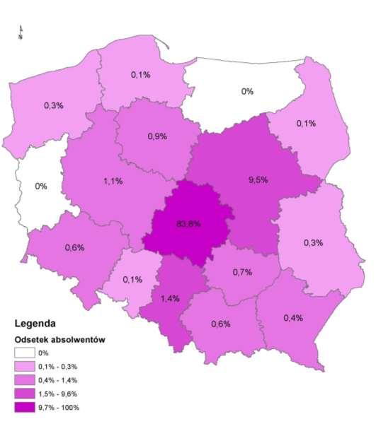 Wykres 2. Województwo zamieszkania absolwentów I tura Uwaga: kartogramy wykonano w programie ArcGIS Wykres 3. przedstawia zmianę miejsca zamieszkania absolwentów w roku 2014 (I tura) względem 2016 r.