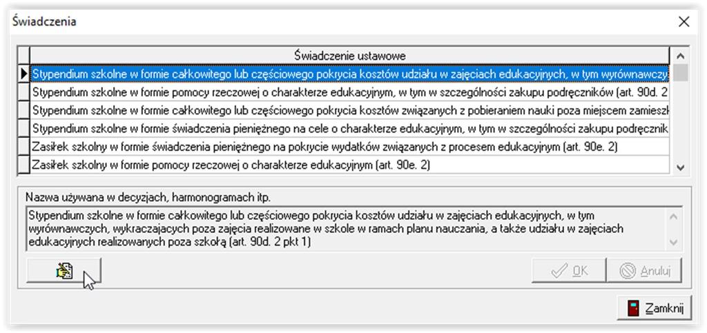 DANE OSOBOWE, program automatycznie buduje bazę danych : W oknie SŁOWNIK znajduje się także pozycja ŚWIADCZENIA, która zawiera wszystkie ujęte